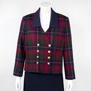 HBS Ltd Blazer 14 Red Green‎ Plaid Double Breasted Gold Button Academia Vintage